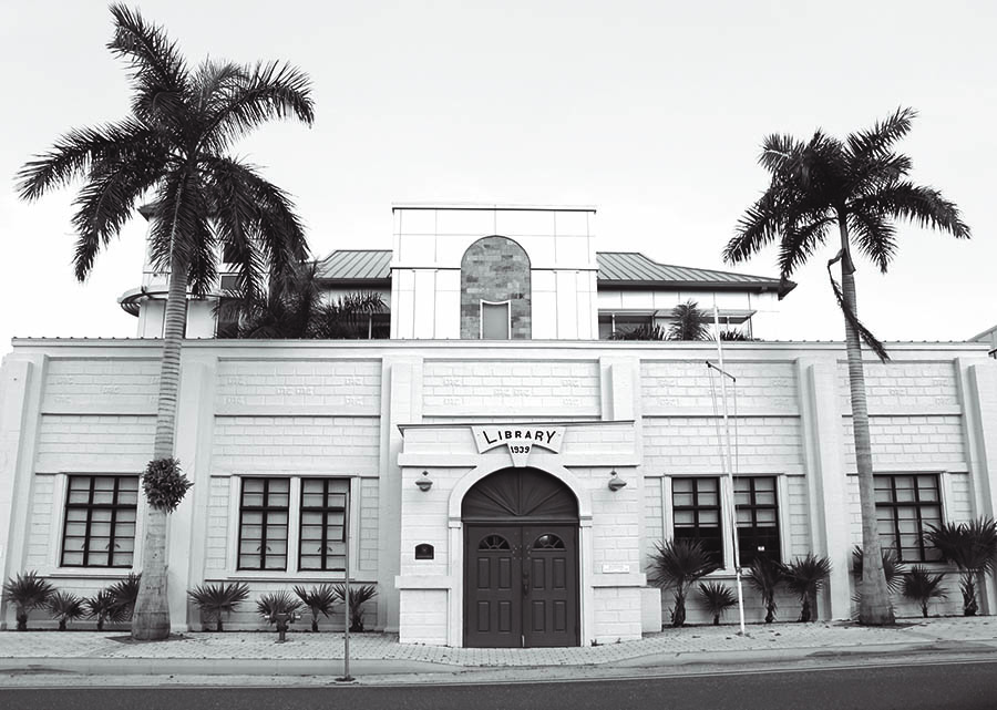 Black and white historical photo of the George Town Library in Grand Cayman, Cayman Islands